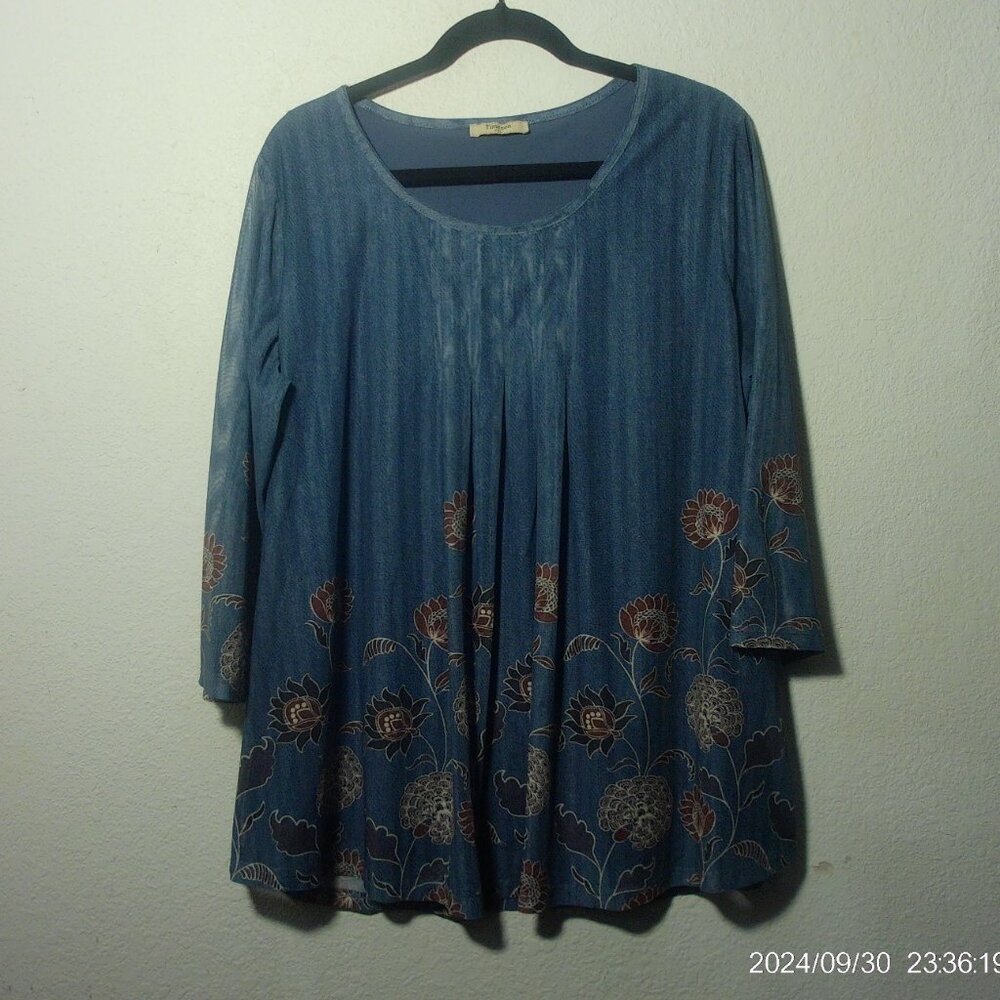 TImeson Womens Blue Floral Pleated Front Lined 3/4 Sleeve Tunic Top XXL